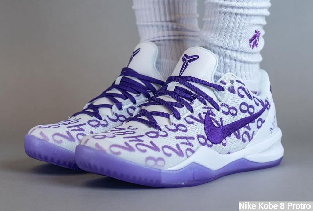 Nike Kobe 8 Protro White/Court Purple on feet - upper/vamp