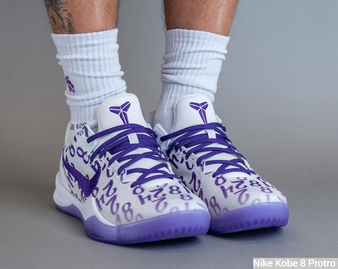 Nike Kobe 8 Protro White/Court Purple on feet - shoelace