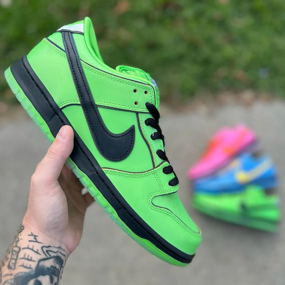 Nike SB Dunk low and The Powerpuff Girls green sneakers