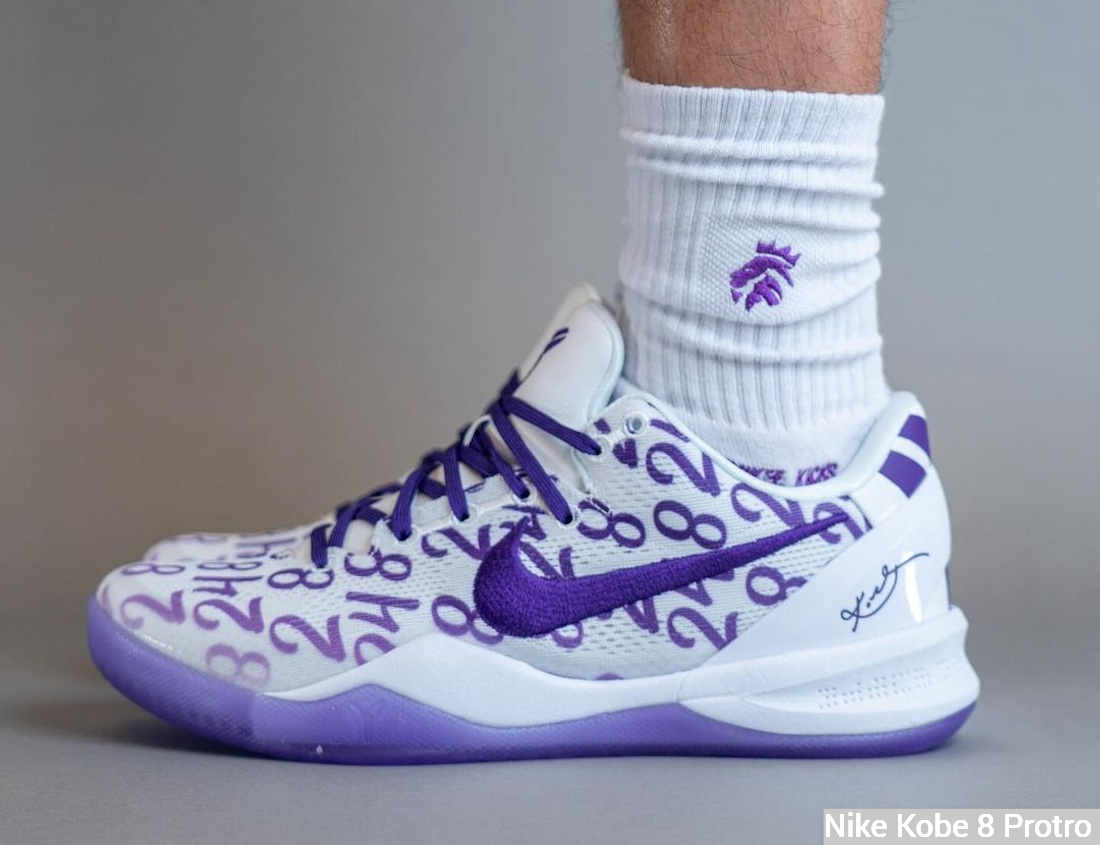 Nike Kobe 8 Protro White/Court Purple on feet - lace guard