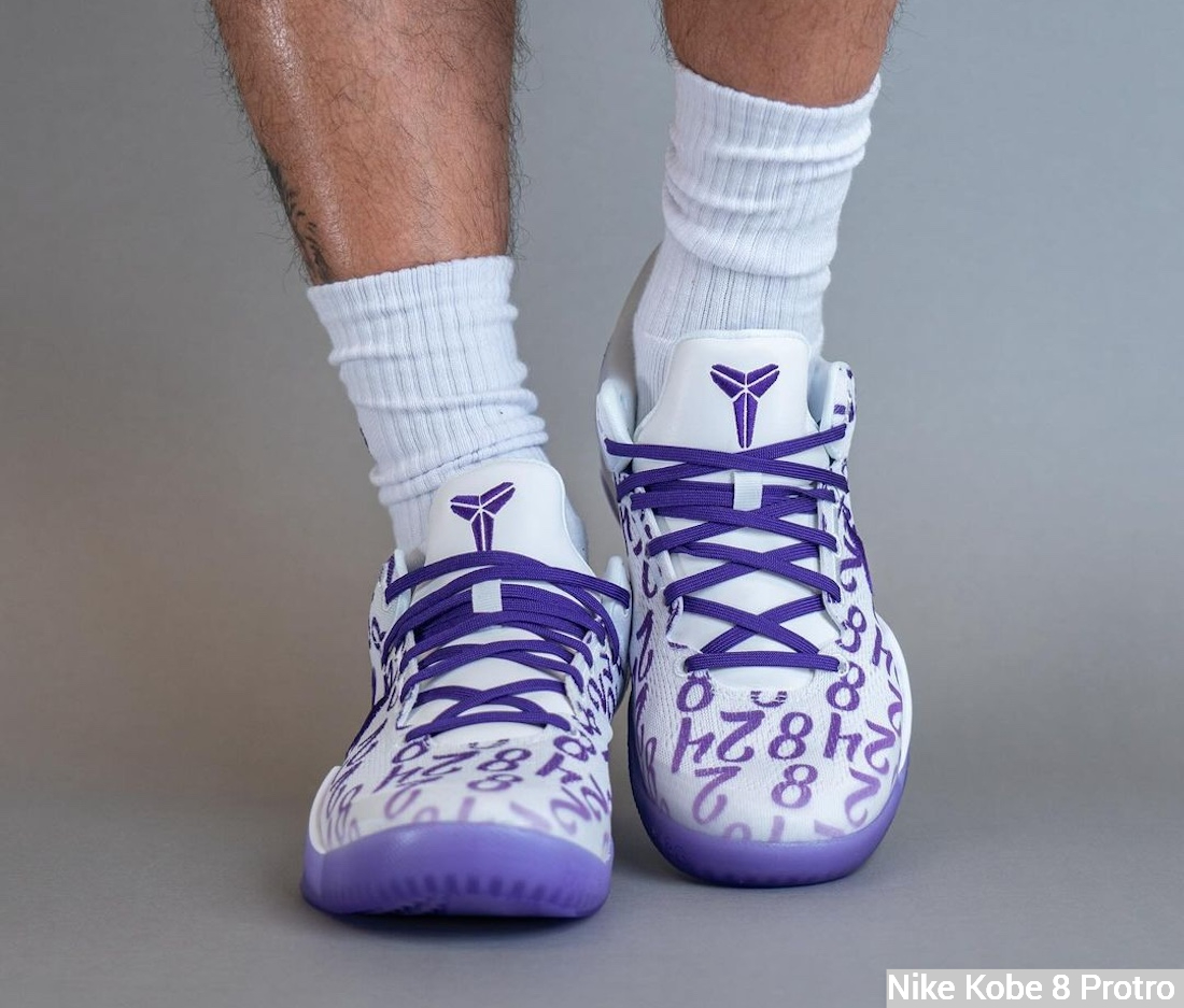 Nike Kobe 8 Protro White/Court Purple on feet - toebox