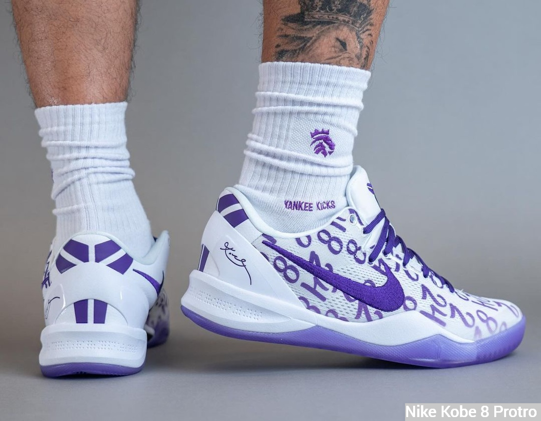 Nike Kobe 8 Protro White/Court Purple on feet - counter