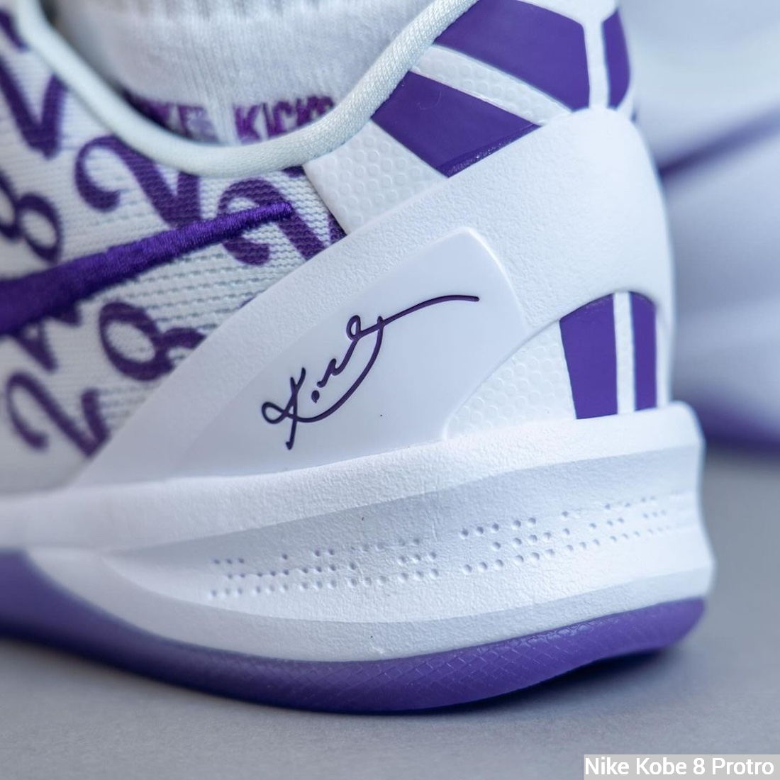 Nike Kobe 8 Protro White/Court Purple on feet - heel and heel cap side