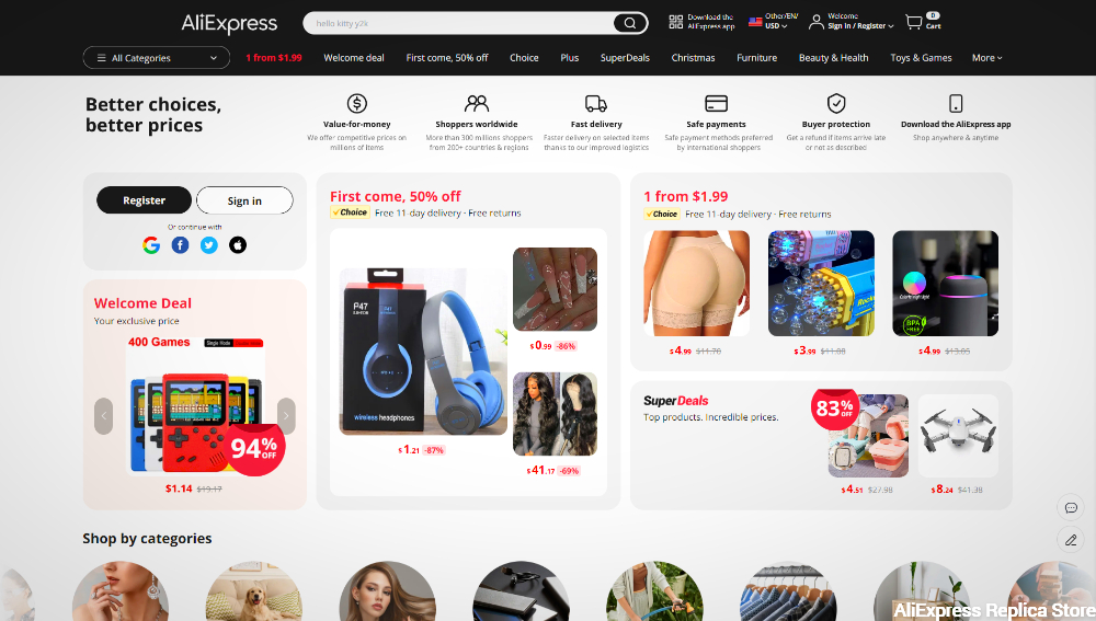 AliExpress online store with replica products